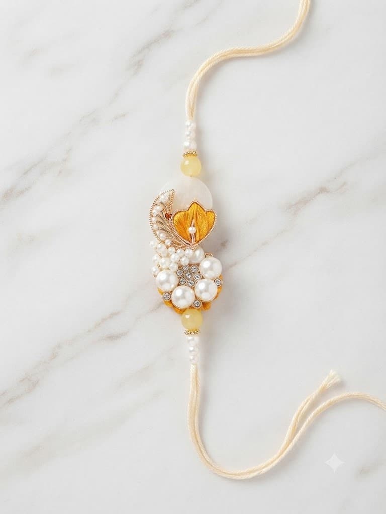 Elegant Designer Pearl & Yellow Silk Flower Rakhi with CZ Stones