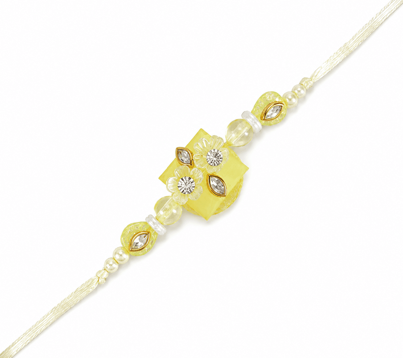 Elegant Yellow Floral Rakhi with Decorative Beads | Traditional Raksha Bandhan Rakhi for Brother