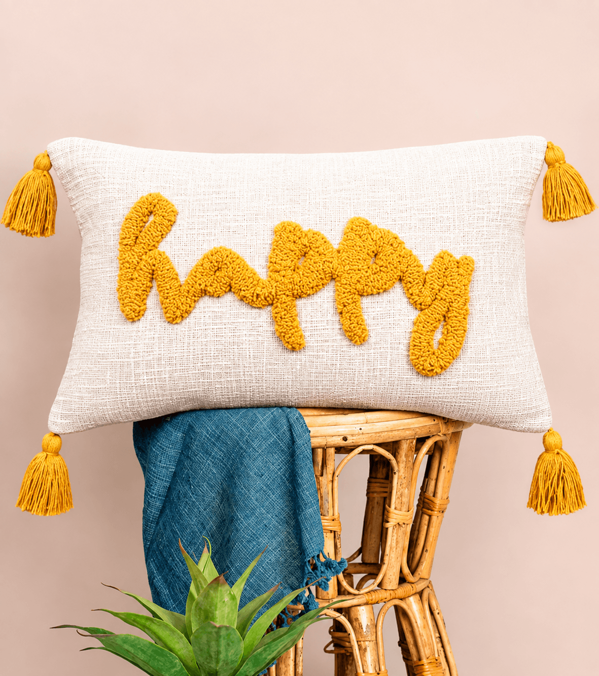 Handcrafted Happy Tufted Lumbar Cushion Cover with Tassels | Decorative Throw Pillow Cover