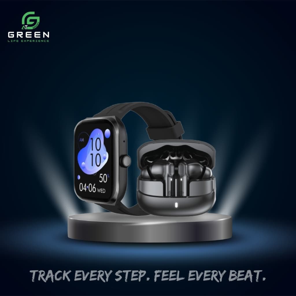 Green Combo Airbeat-520 Earbuds And Vision Fit Smartwatch