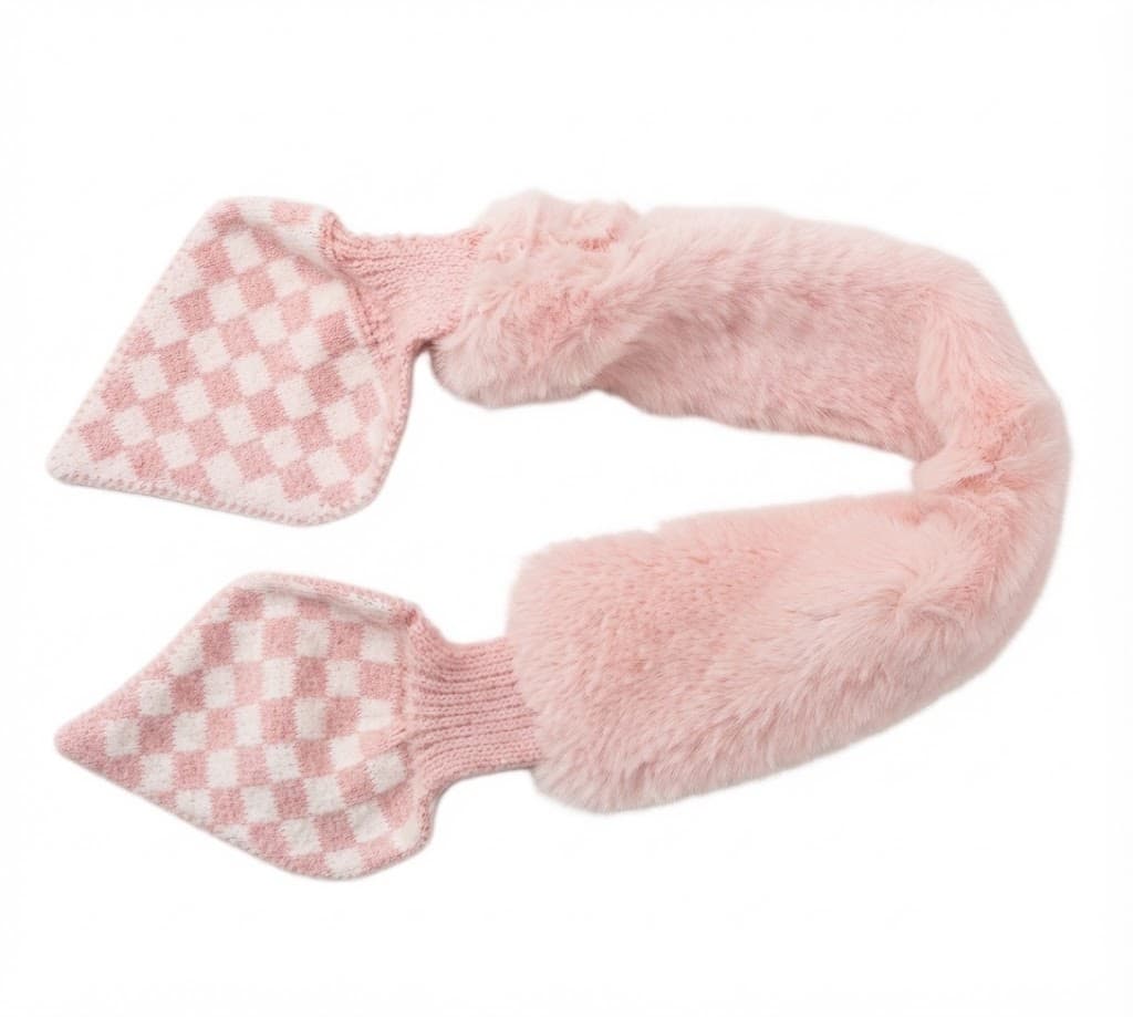 Pink Checkerboard Knit & Faux Fur Winter Scarf – Stylish Cozy Scarf for Women