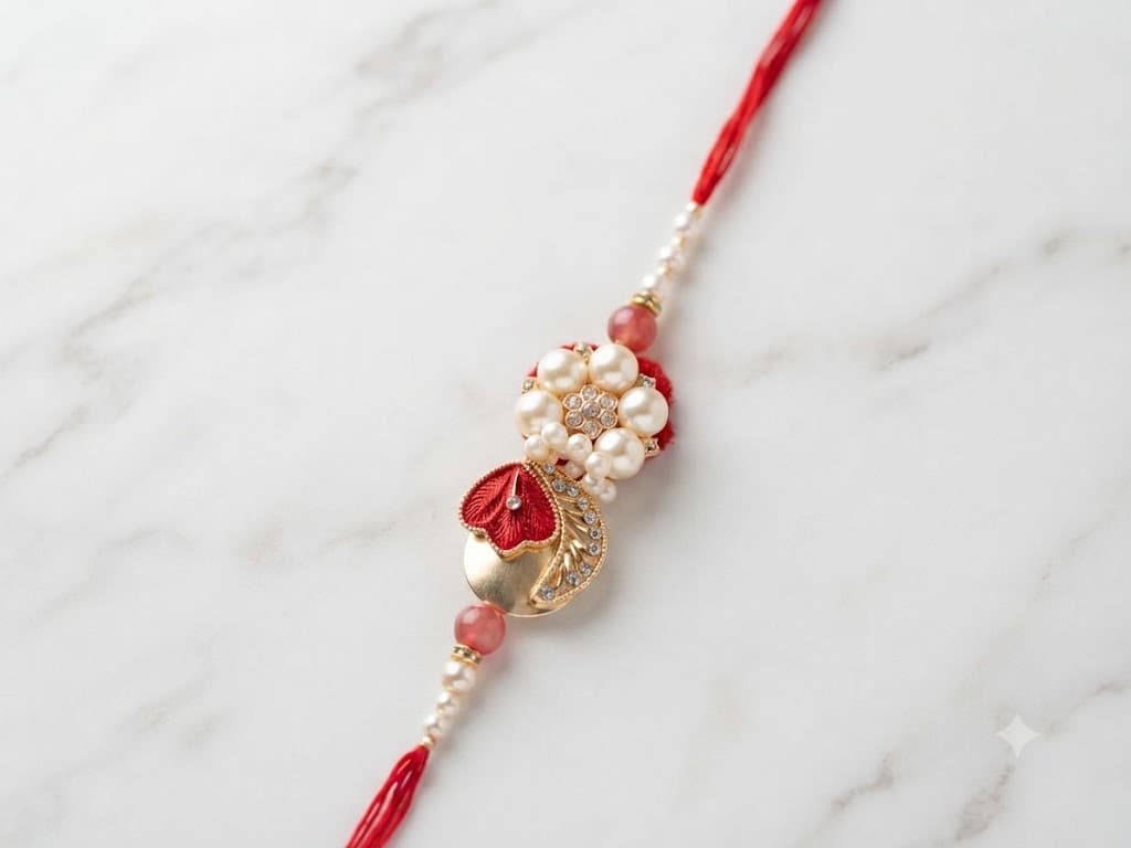 Traditional Red and Gold Pearl Designer Rakhi