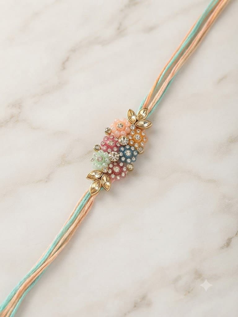 Exquisite Multi-Color Pastel Floral Stone Rakhi with Aqua and Peach Thread