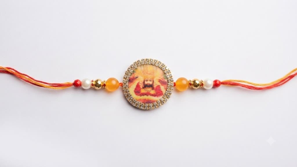 Traditional Designer Devotional Rakhi with Pearl, Bead & Stone Detailing