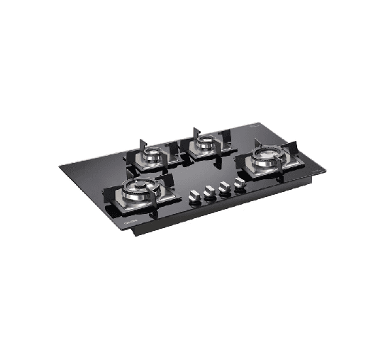 GLEN 4 Burner Glass Gas Hob Top Auto Ignition | Triple Ring & Double Ring Forged Brass Burners | 1074 SQHTDBTR