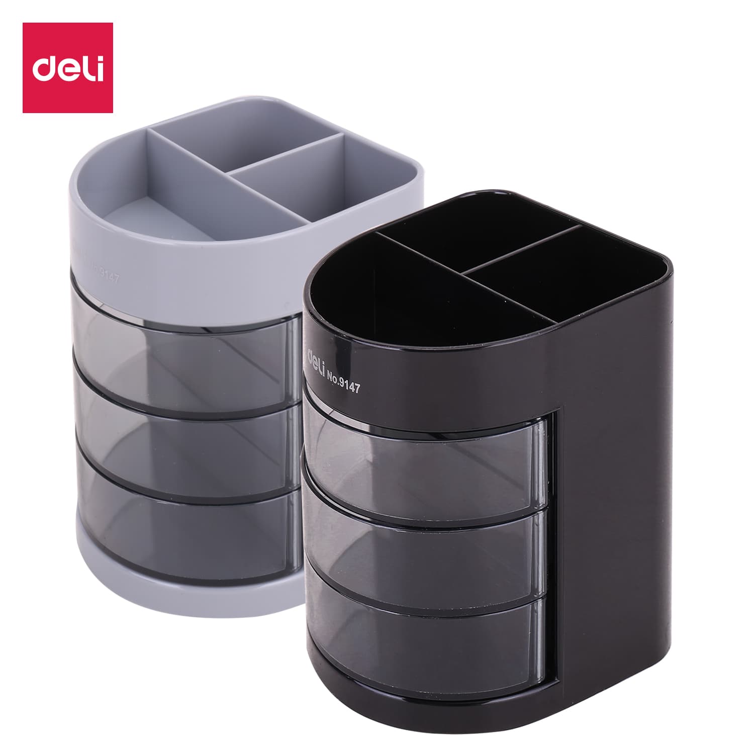 Deli E9147 Pen Holder | 6-Compartment Desk Organizer with Rotating Drawers