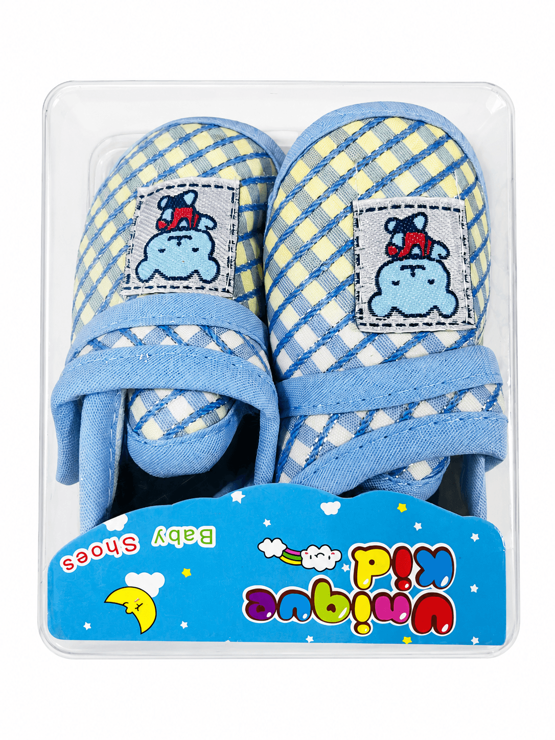Tiger Baby Blue Plaid Soft-Sole Infant Booties with Cute Character Applique