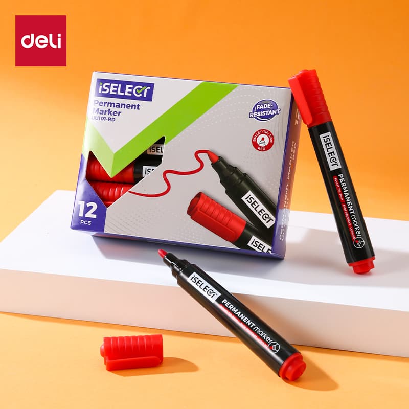 DELI UU101-RD ISELECT Permanent Bullet Marker Red ( Per Pcs) | Waterproof Permanent Marker for Office, School & Industrial Use