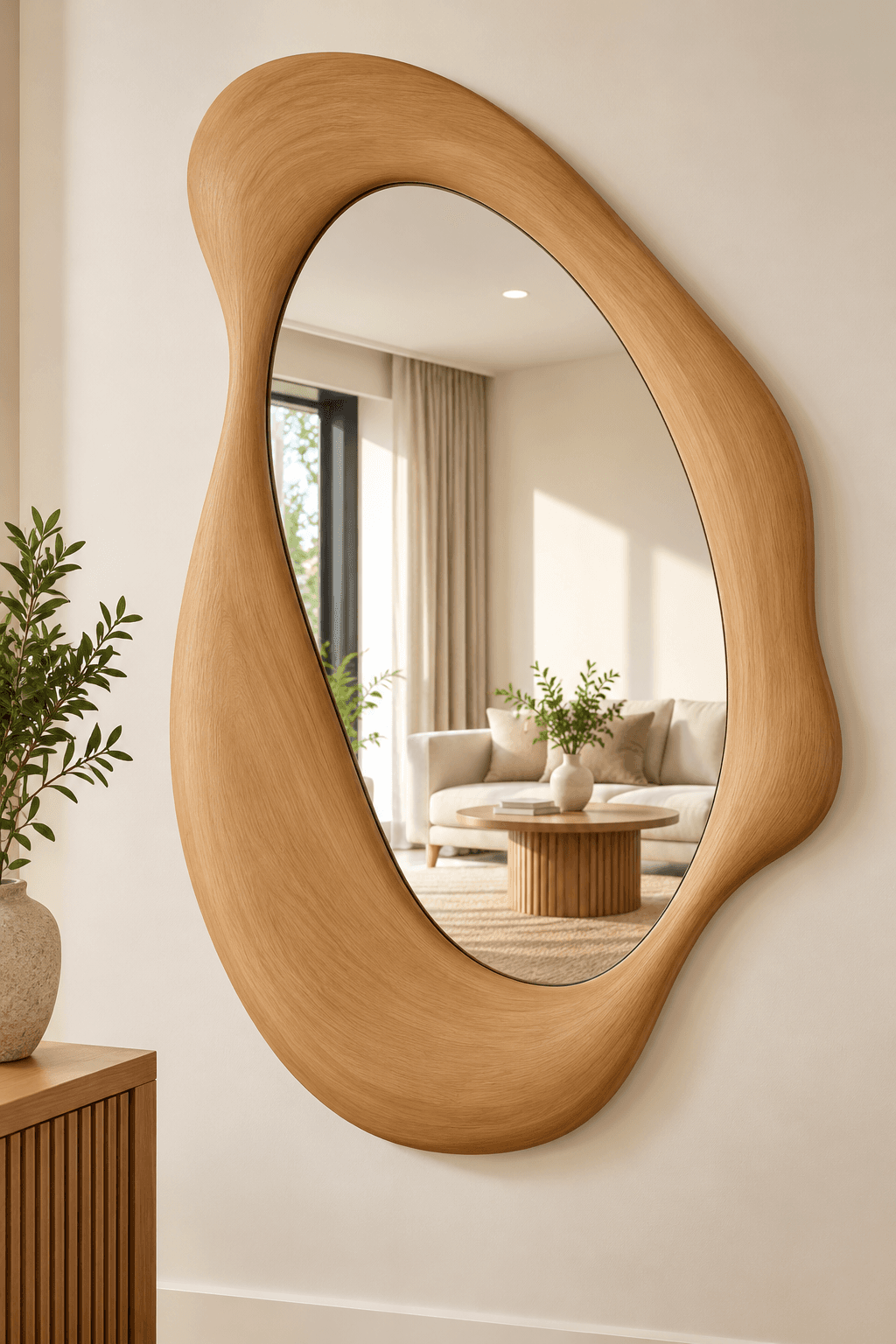 Modern Irregular Wooden Frame Wall Mirror – Decorative Asymmetrical Mirror for Home Décor daily essentials & lifestyle