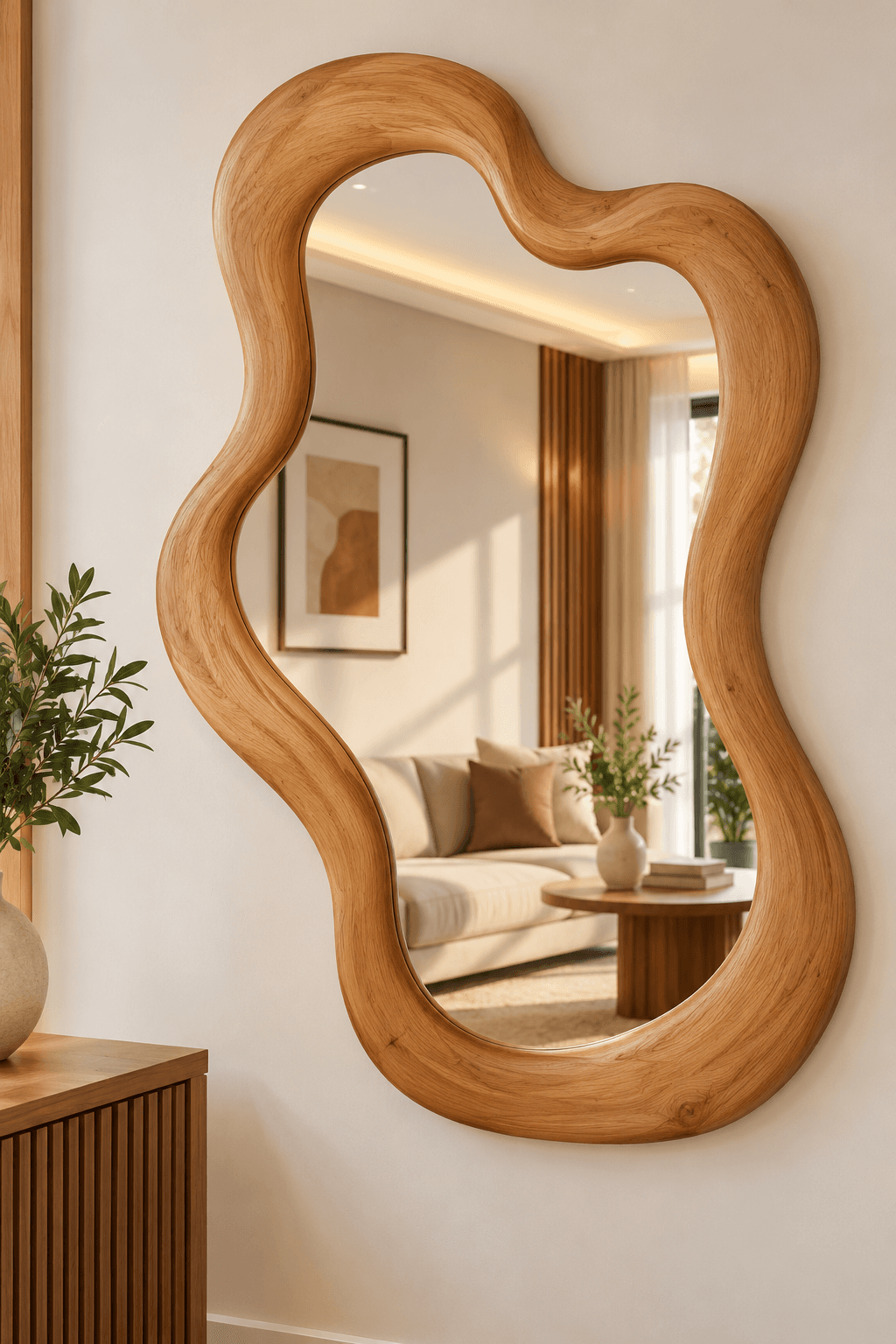 Modern Wavy Wooden Frame Wall Mirror – Decorative Mirror for Home Décor daily essentials & lifestyle