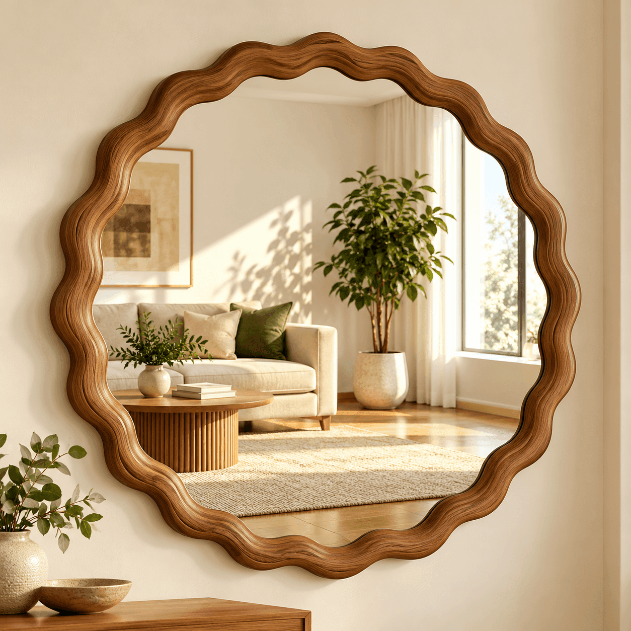 Luxury Round Wavy Wooden Frame Wall Mirro daily essentials & lifestyle