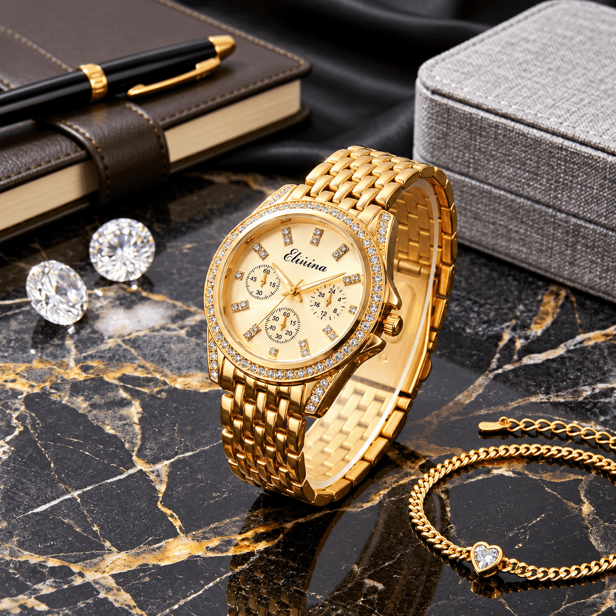 Elijina Luxury Gold-Tone Crystal-Studded Women's Chronograph-Style Watch – 1 Year Warranty electronics