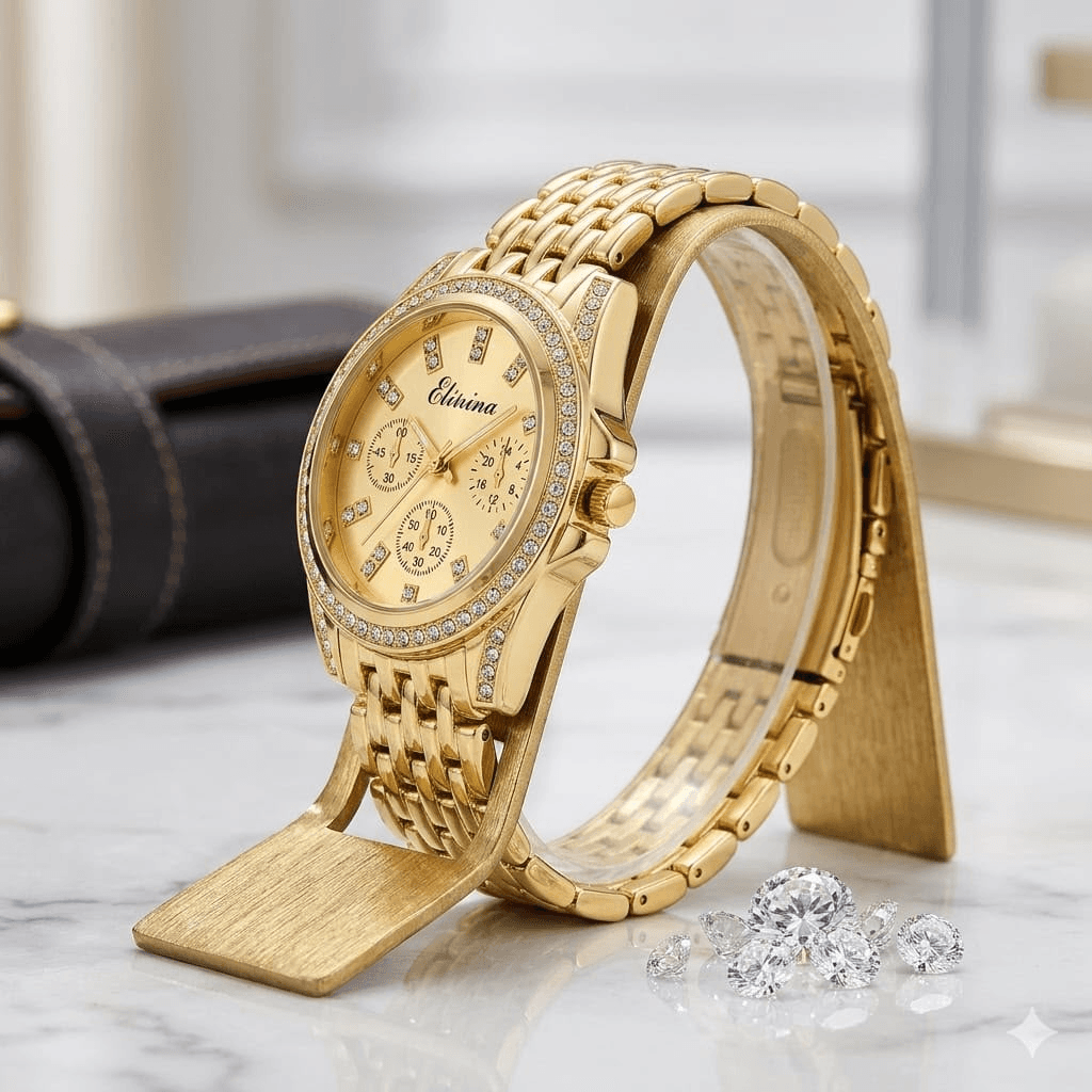 Eliyina Royal Gold Crystal-Studded Chronograph-Style Ladies Watch electronics