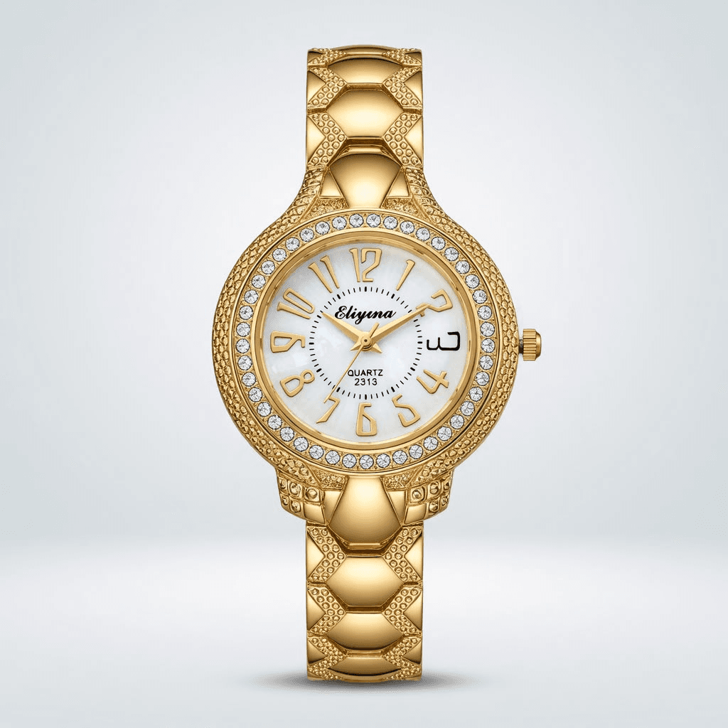 Eliyina Royal Gold Crystal-Bezel White Dial Elegant Ladies Watch electronics