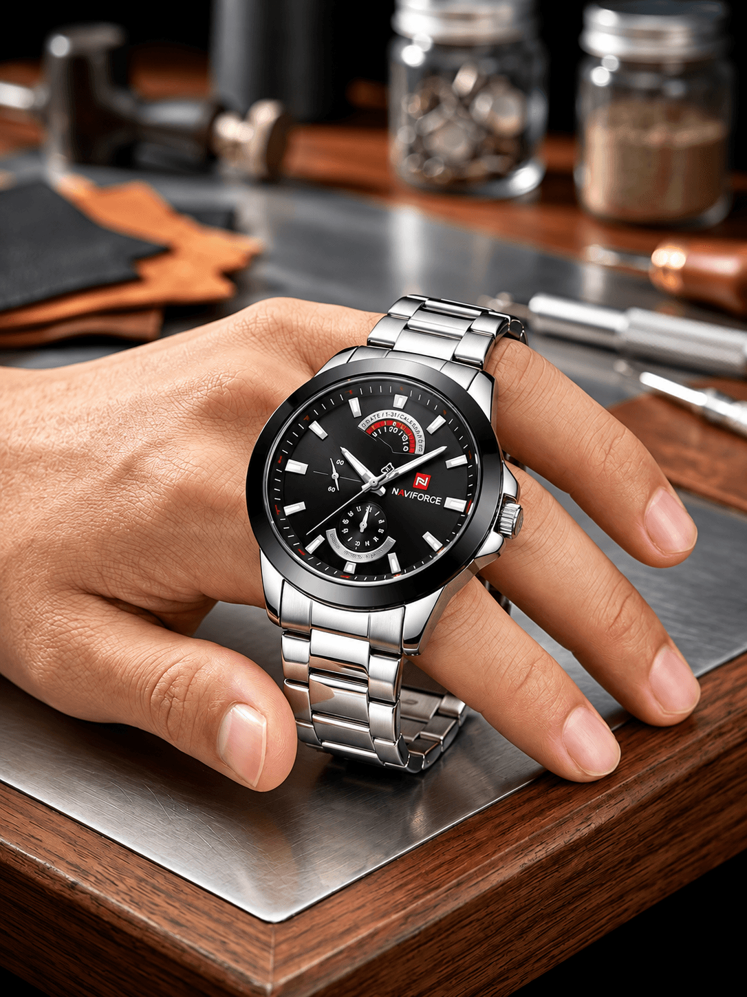 NAVIFORCE Stainless Steel Men's Watch – Black Dial, Silver Bracelet 1year warrenty daily essentials & lifestyle