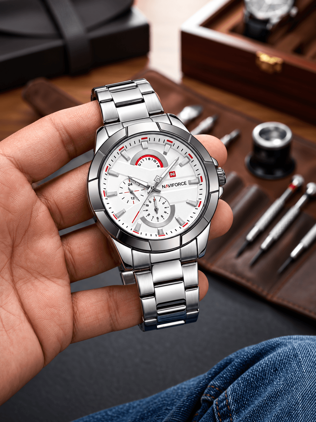 NAVIFORCE Stainless Steel Men's Watch – White Dial, Silver Metal Bracelet 1 year warrenty daily essentials & lifestyle