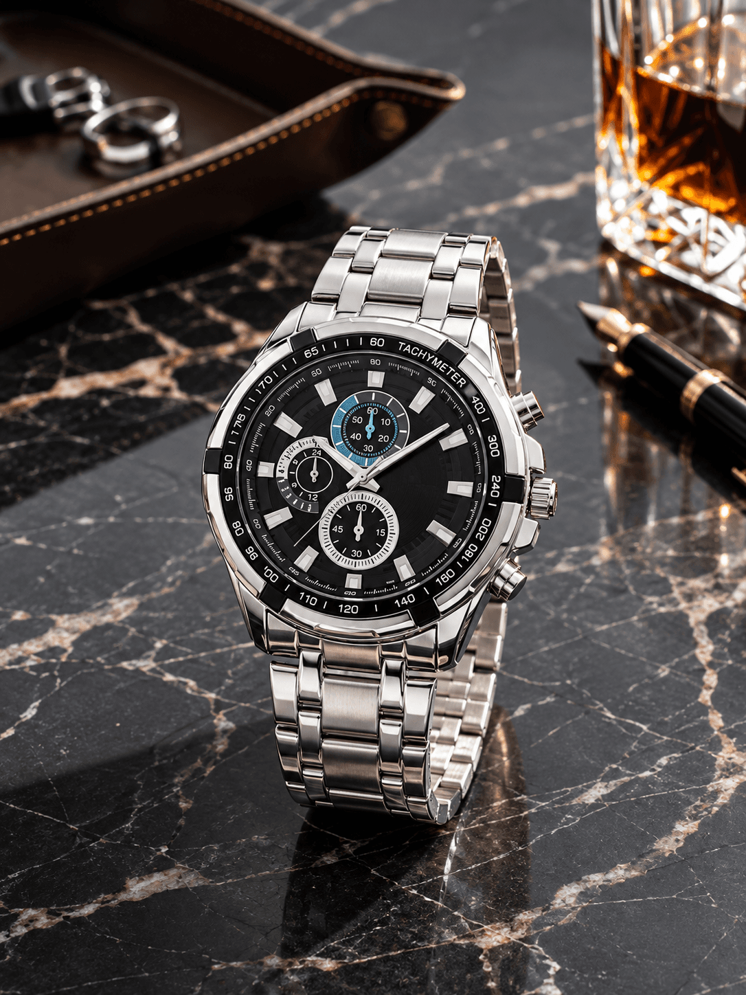SK Collection Men's Luxury Chronograph-Style Watch – Black Dial, Silver Stainless Steel Bracelet daily essentials & lifestyle