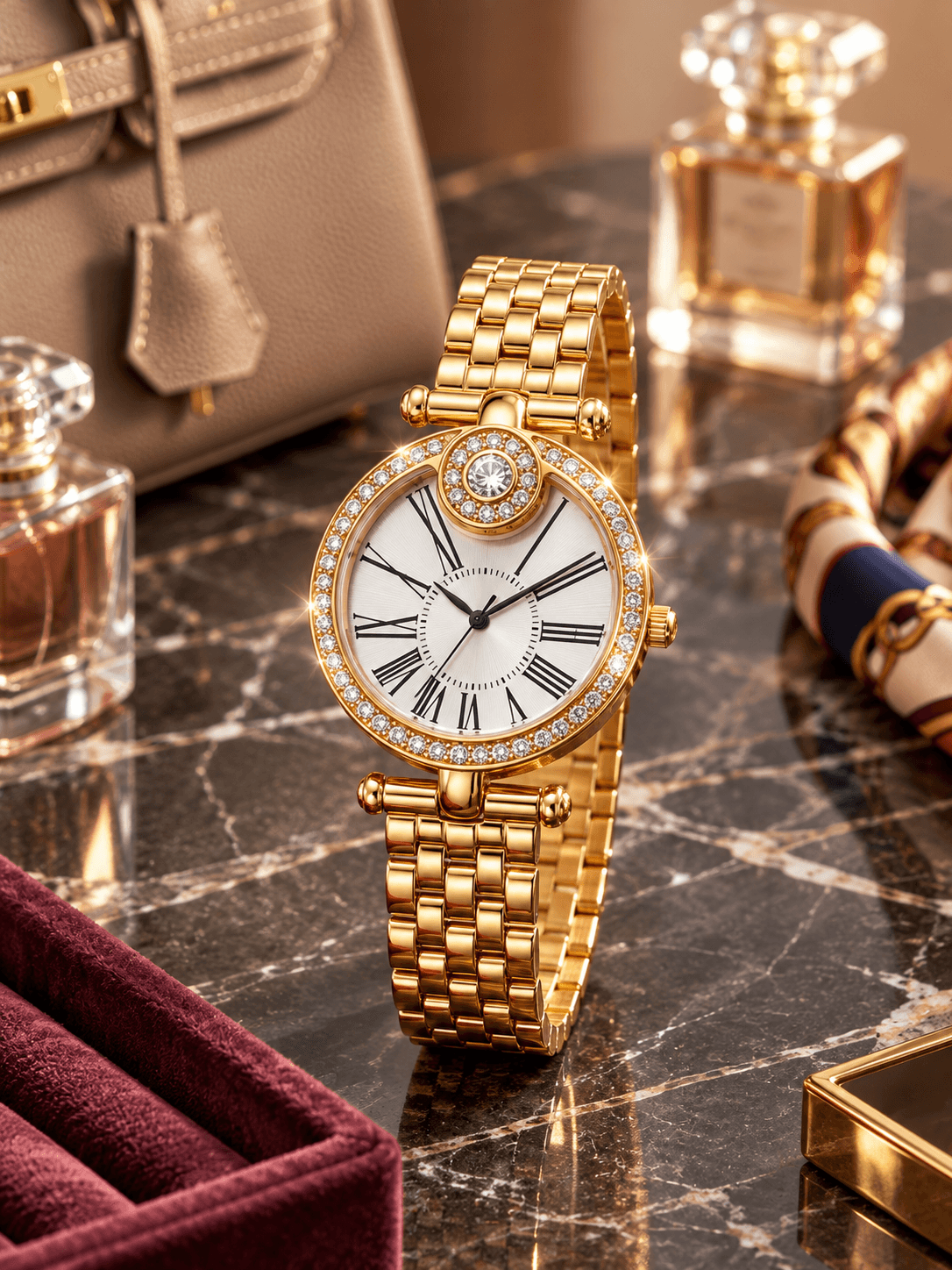 AURORA Women's Luxury Gold Quartz Watch – White Roman Numeral Dial, Crystal Bezel, Gold Bracelet | 1 Year Warranty daily…