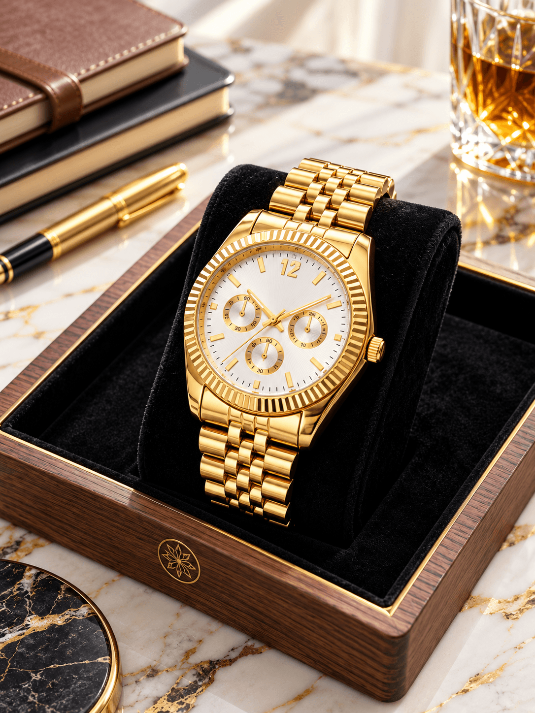 MINTAI Men's Luxury Gold Quartz Watch – White Multi-Dial, Fluted Bezel, Gold Stainless Steel Bracelet daily essentials &…