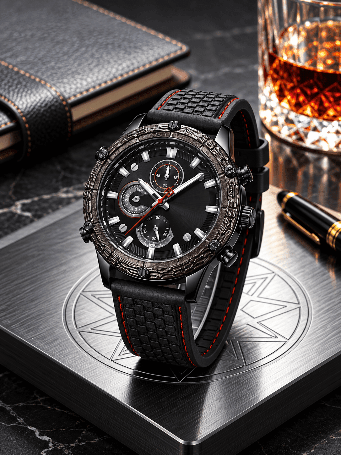 NAVIFORCE Men's Luxury Black Multi-Dial Watch – Black Dial, Rugged Bezel, Black Silicone Strap with Red Accents daily…