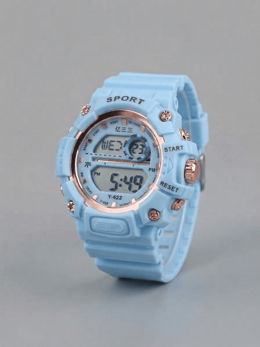 Y-622 Unisex Digital Sports Watch – Sky Blue Dial, Rose Gold Bezel, Light Blue Silicone Strap daily essentials & lifestyle