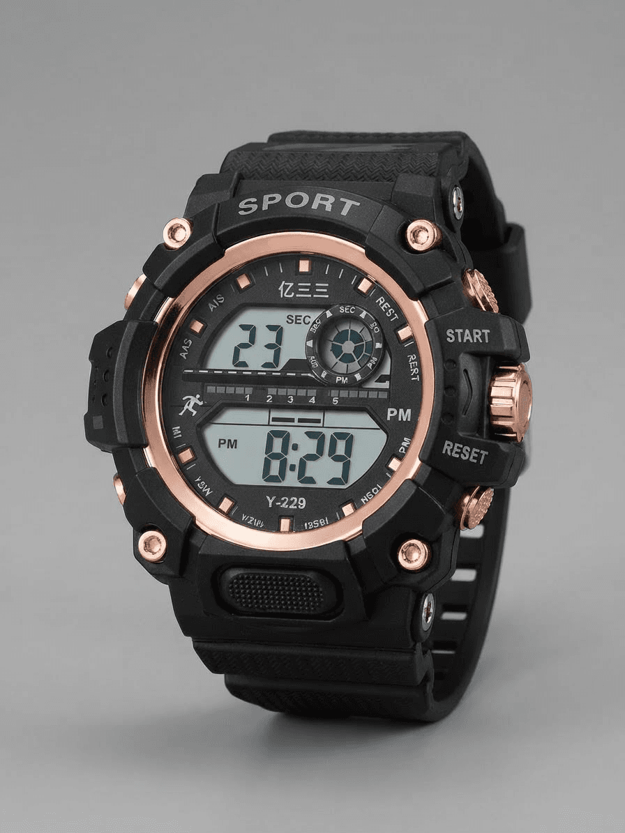Y-229 Unisex Digital Sports Watch – Black Dial, Rose Gold Bezel, Black Silicone Strap daily essentials & lifestyle
