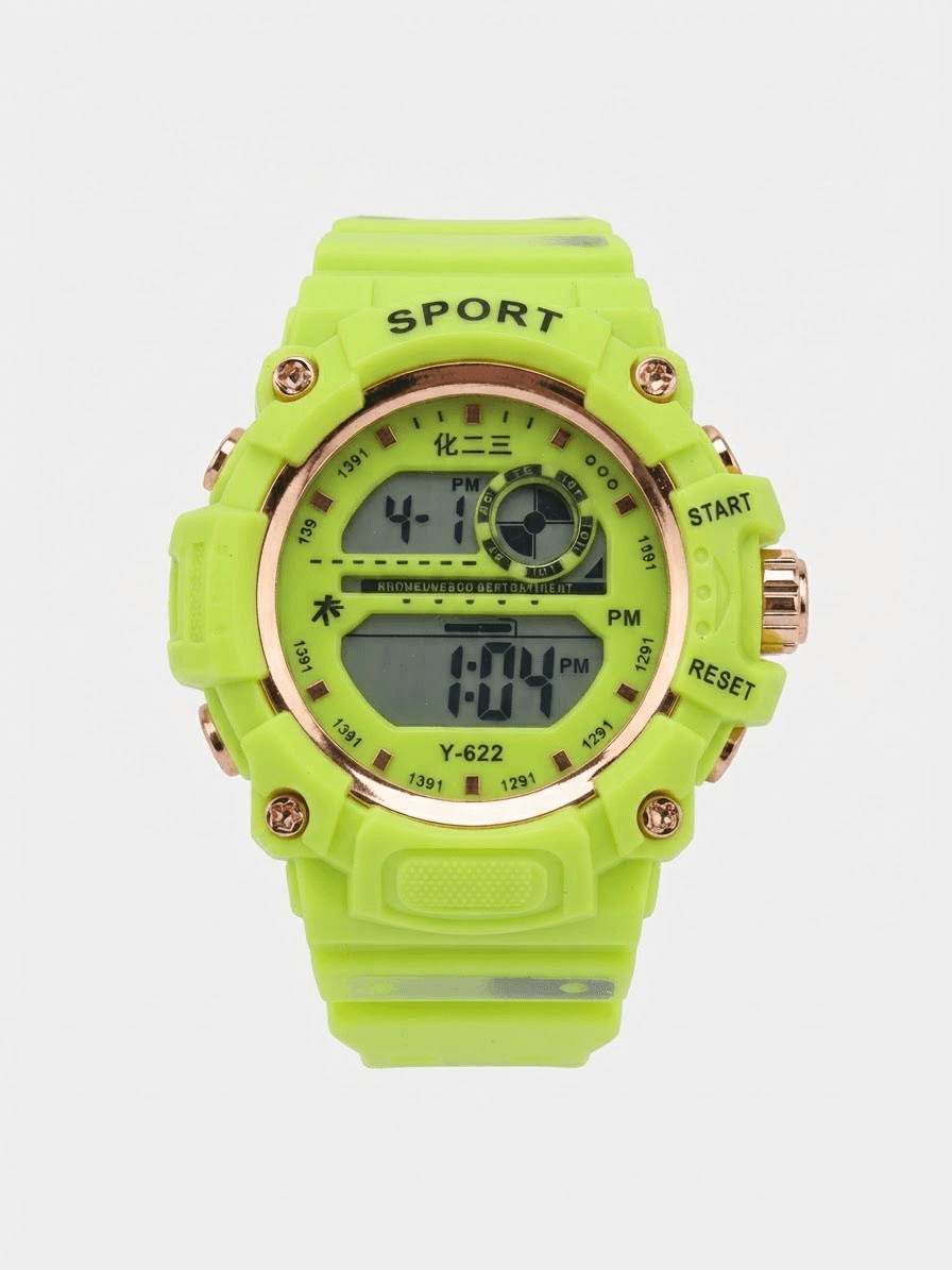 Y-622 Unisex Digital Sports Watch – Neon Green Dial, Rose Gold Bezel, Lime Green Silicone Strap daily essentials & lifestyle
