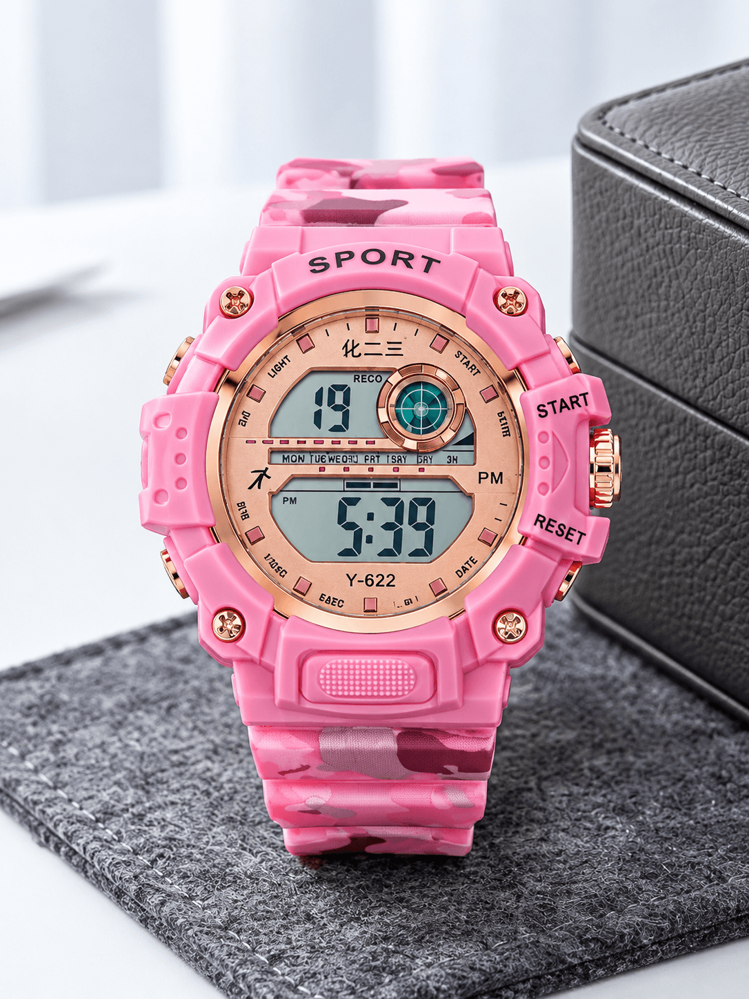 Y-622 Unisex Digital Sports Watch – Pink Dial, Rose Gold Bezel, Pink Camouflage Silicone Strap daily essentials & lifestyle