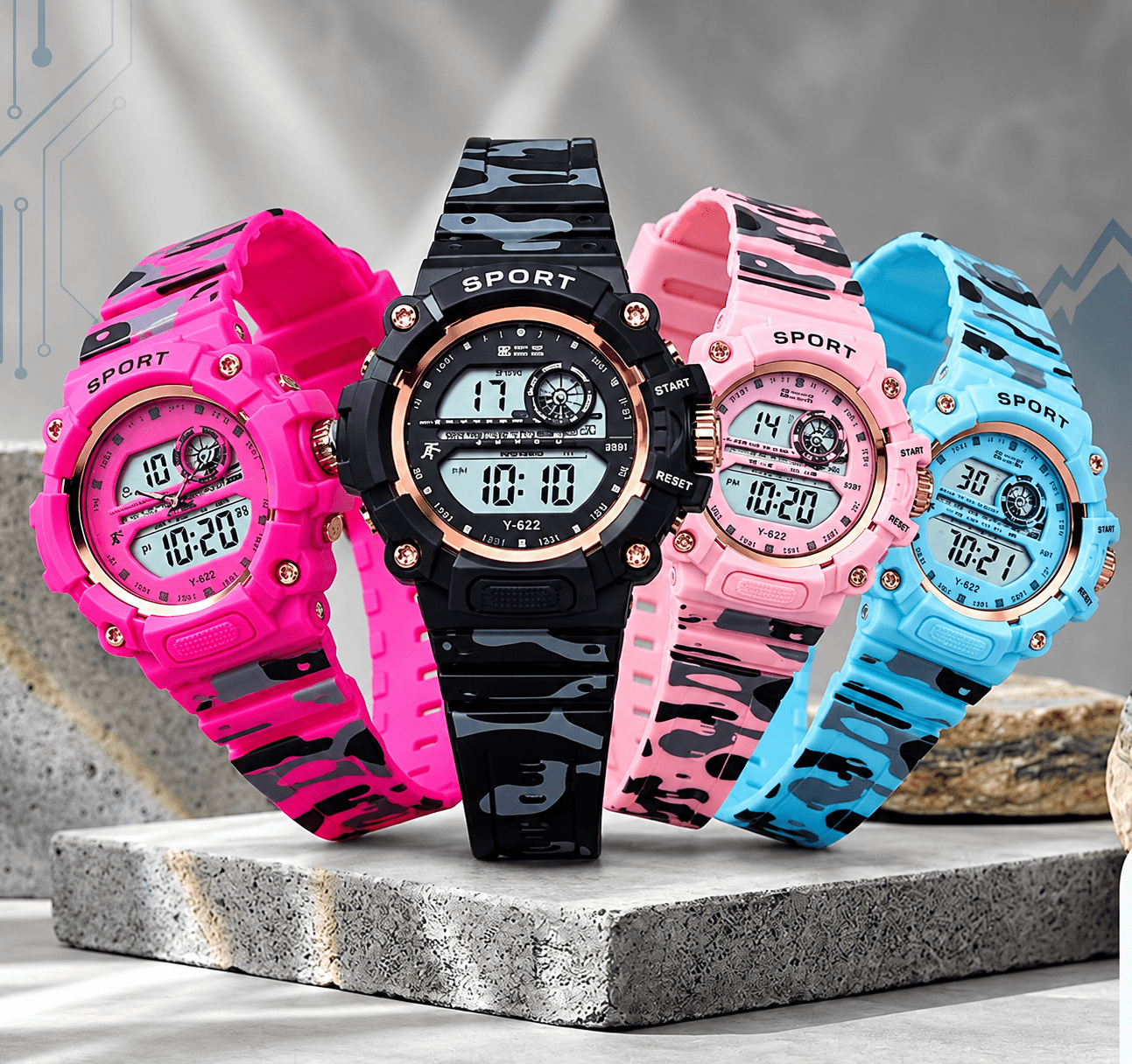 Y-622 Unisex Digital Sports Watch Collection – Pink, Black, Light Pink & Sky Blue Camouflage Silicone Straps | Per Piece…