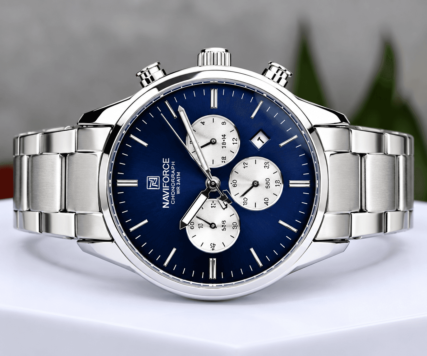 NAVIFORCE Men's Luxury Silver Chronograph Watch – Navy Blue Dial, Triple Sub-Dial, Silver Stainless Steel Bracelet | 1 Year…