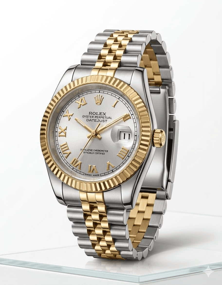 Rolex Datejust-Style Two-Tone Luxury Watch – White Roman Numeral Dial, Gold Fluted Bezel, Silver & Gold Stainless Steel…