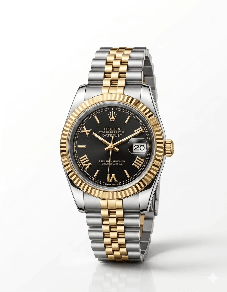 Rolex Datejust-Style Two-Tone Luxury Watch – Black Roman Numeral Dial, Gold Fluted Bezel & Silver-Gold Stainless Steel…