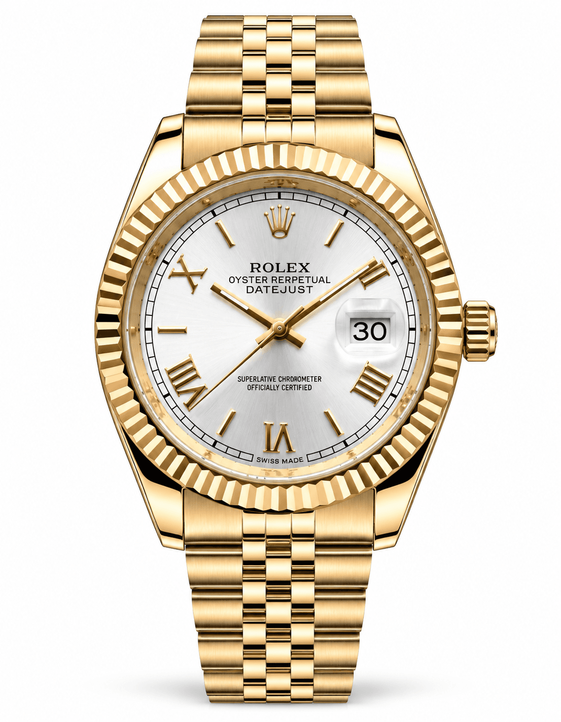 Rolex Datejust-Style Gold Luxury Watch – Silver White Roman Numeral Dial, Gold Fluted Bezel & Gold Jubilee Bracelet 1 year…