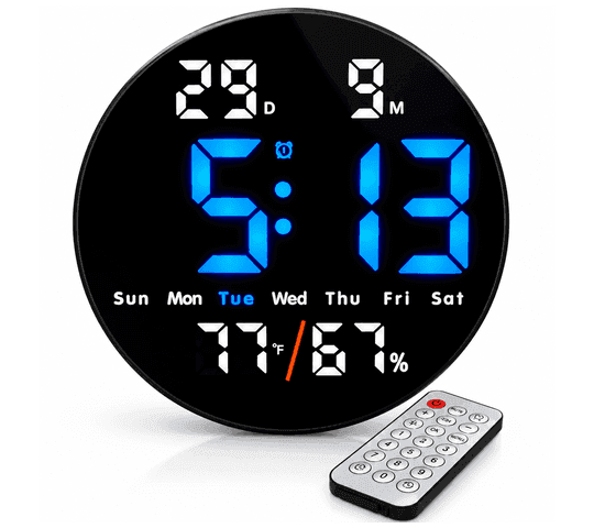 Modern Round Digital LED Wall Clock – Black Display, Blue LED Time, Temperature & Humidity Display with Remote Control…