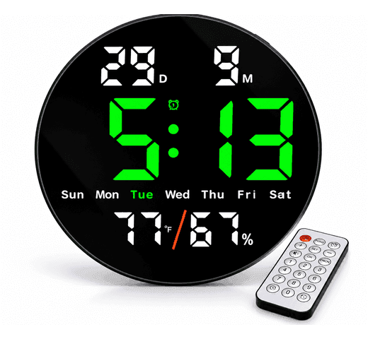 Modern Round Digital LED Wall Clock – Black Display, Green LED Time, Temperature & Humidity Display with Remote Control…