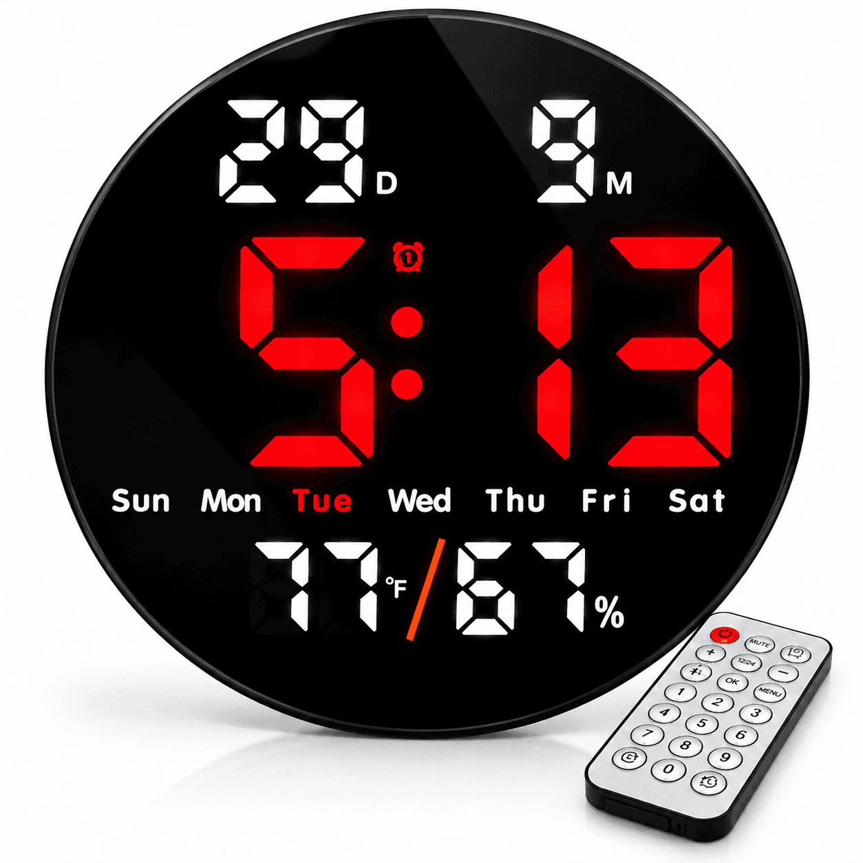 Modern Round Digital LED Wall Clock – Black Display, Red LED Time, Temperature & Humidity Display with Remote Control daily…