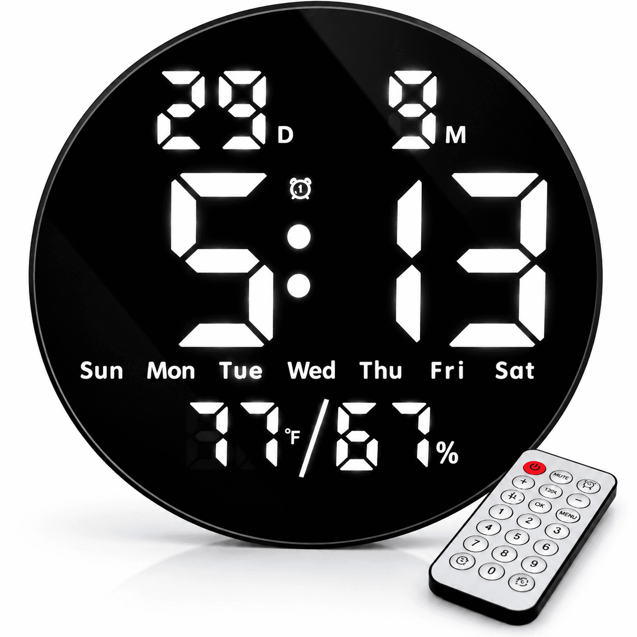 Modern Round Digital LED Wall Clock – Black Display, Bright White LED Time, Temperature & Humidity Display with Remote…