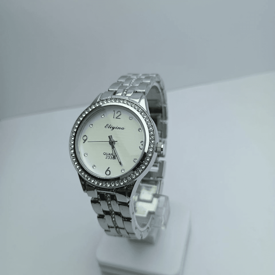 Elegant Silver Crystal Women’s Watch – White Dial, Rhinestone Bezel, Crystal-Studded Stainless Steel Bracelet & Quartz…