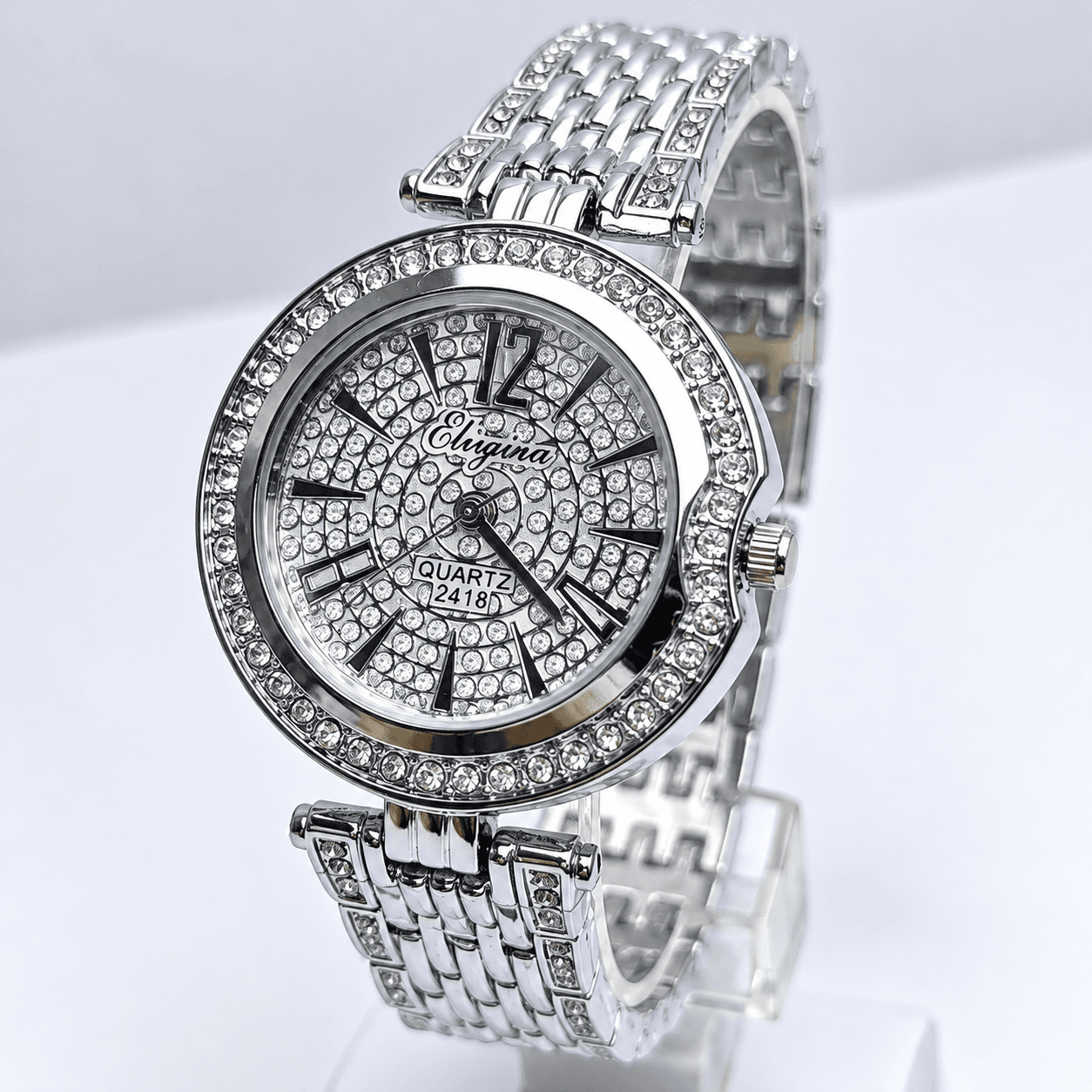 Luxury Silver Crystal Women’s Watch – Sparkling Rhinestone Dial, Crystal-Studded Bezel & Stainless Steel Bracelet with…