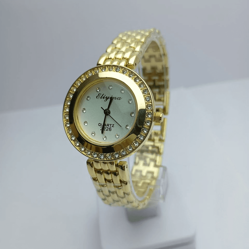 Elegant Gold Crystal Women’s Watch – White Dial, Sparkling Rhinestone Bezel & Gold-Tone Stainless Steel Bracelet with…