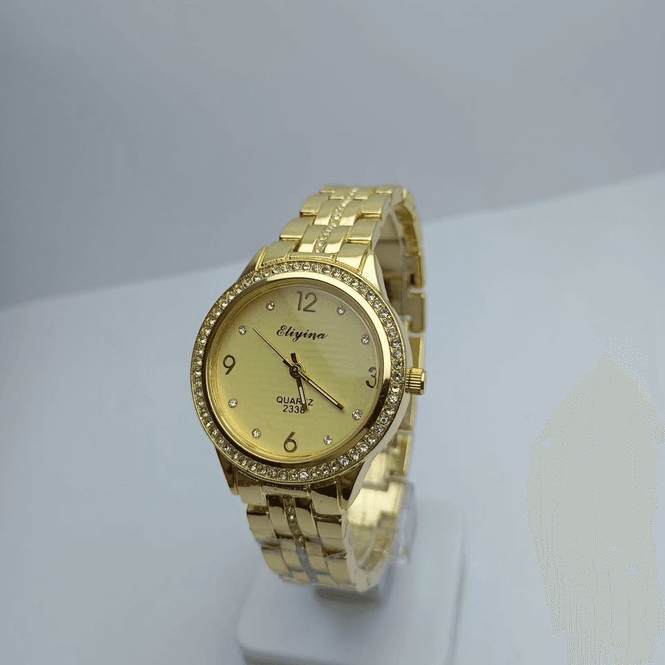Elegant Gold Crystal Women’s Watch – Champagne Gold Dial, Sparkling Rhinestone Bezel, Crystal-Studded Gold-Tone Stainless…
