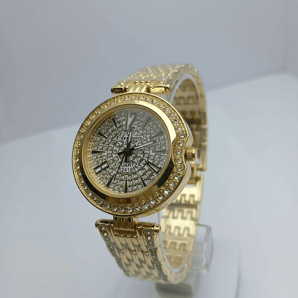 Luxury Gold Crystal Women’s Watch – Sparkling Rhinestone Dial, Crystal-Studded Gold Bezel & Gold-Tone Stainless Steel…