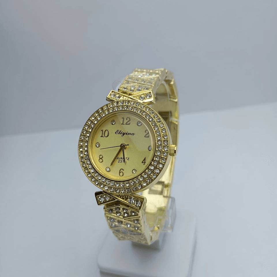 Luxury Gold Crystal Women’s Watch – Champagne Gold Dial, Double Rhinestone Bezel, Crystal-Studded Designer Bracelet &…