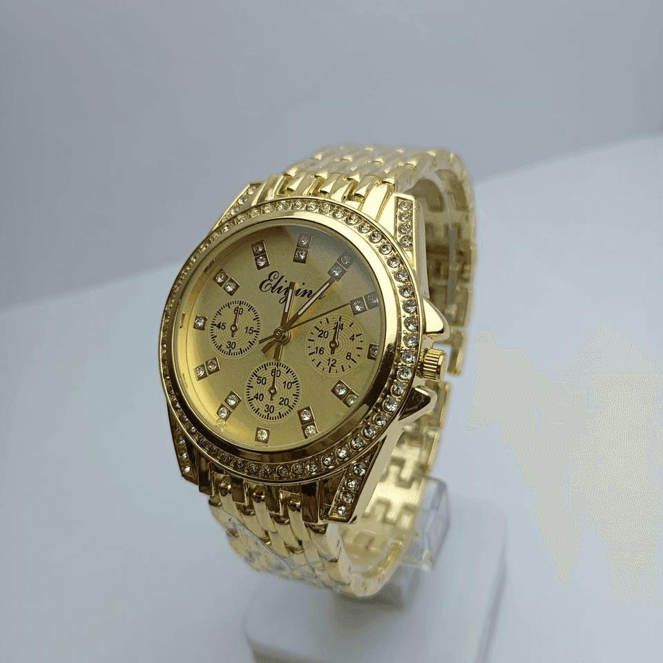 Luxury Gold Crystal Women’s Watch – Champagne Gold Dial, Sparkling Rhinestone Bezel, Crystal Hour Markers, Triple Sub-Dial…