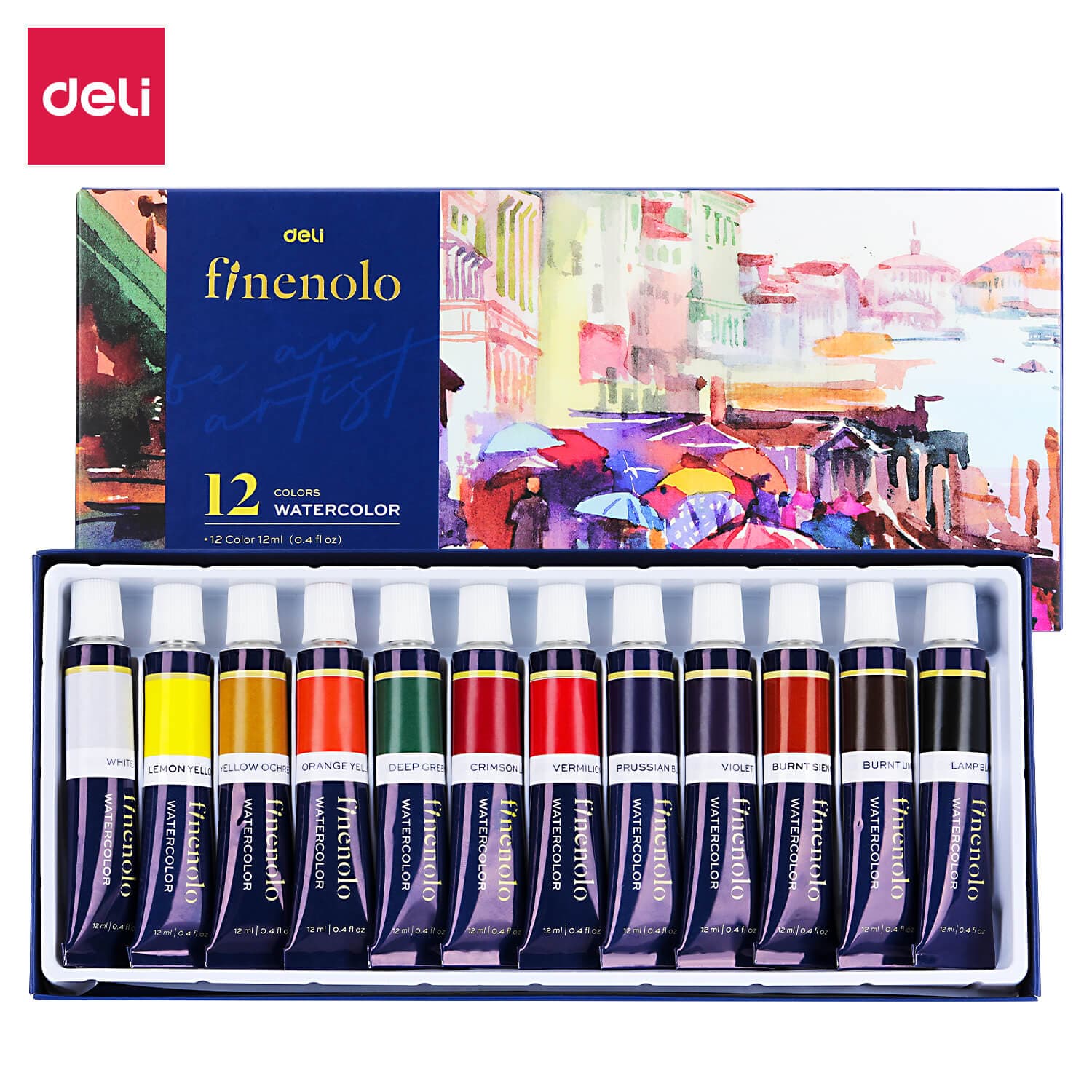 Deli EC19-12 Finenolo Water Colour Paint Set 12 Colors 12ml Tubes for Students & Artists