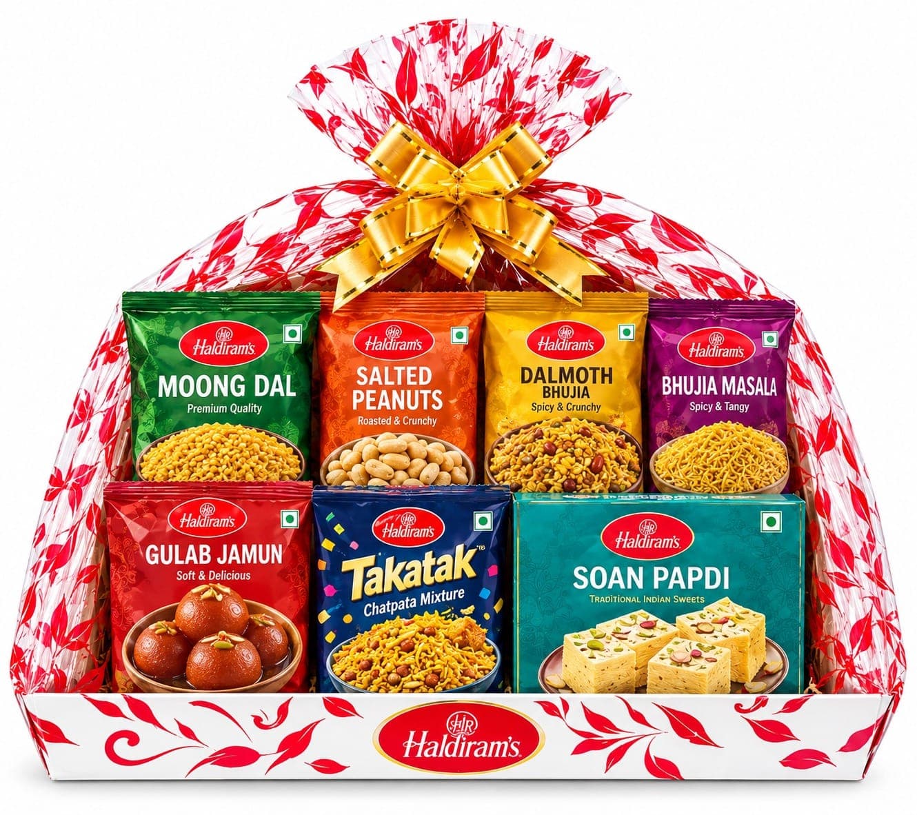 Haldiram’s Festive Snack & Sweet Combo Pack – Moong Dal, Salted Peanuts, Dalmoth Bhujia, Bhujia Masala, Gulab Jamun, Takatak & Soan Papdi