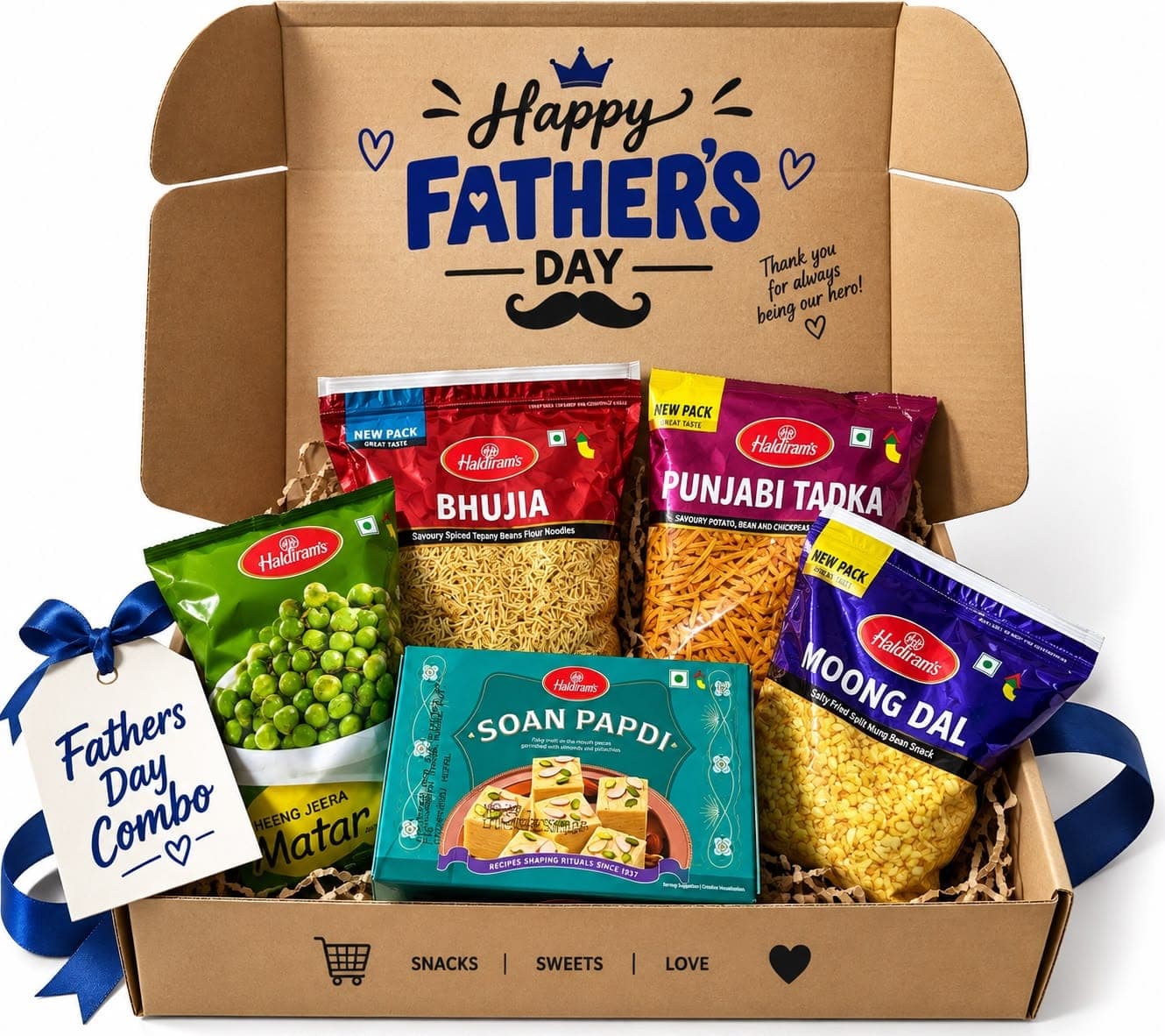 Haldiram’s Father’s Day Snack & Sweet Combo – Bhujia, Punjabi Tadka, Hing Jeera Matar, Moong Dal & Soan Papdi