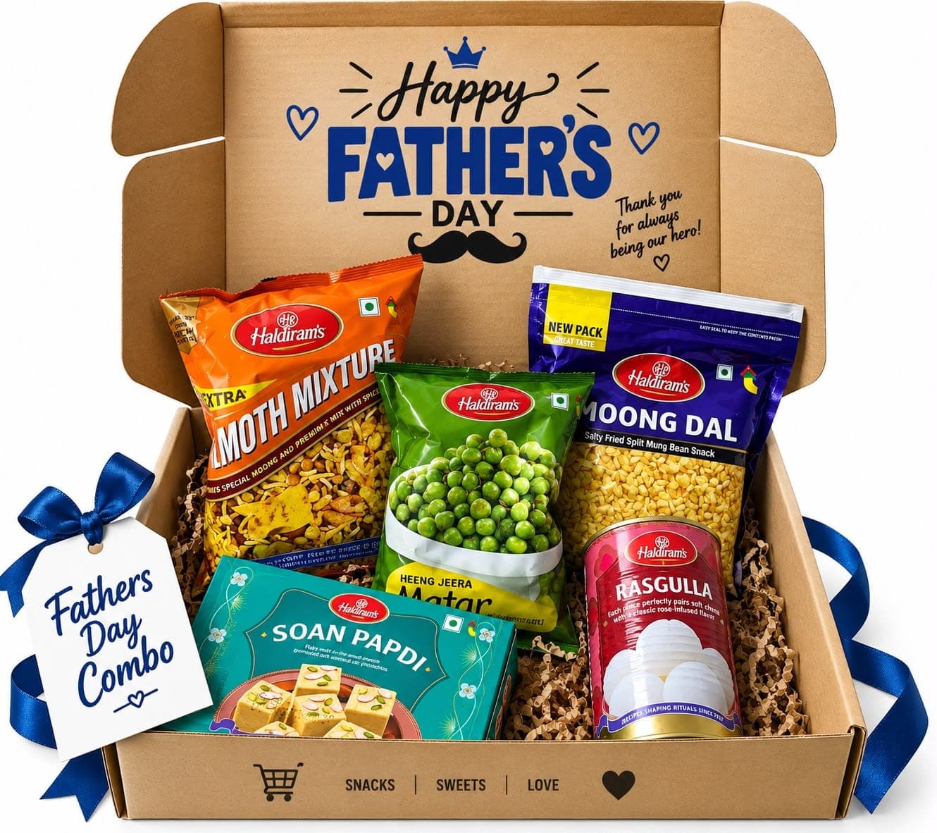 Haldiram’s Premium Snacks & Sweets Combo Pack – Dal Moth Mixture, Hing Jeera Matar, Moong Dal, Soan Papdi & Rasgulla**