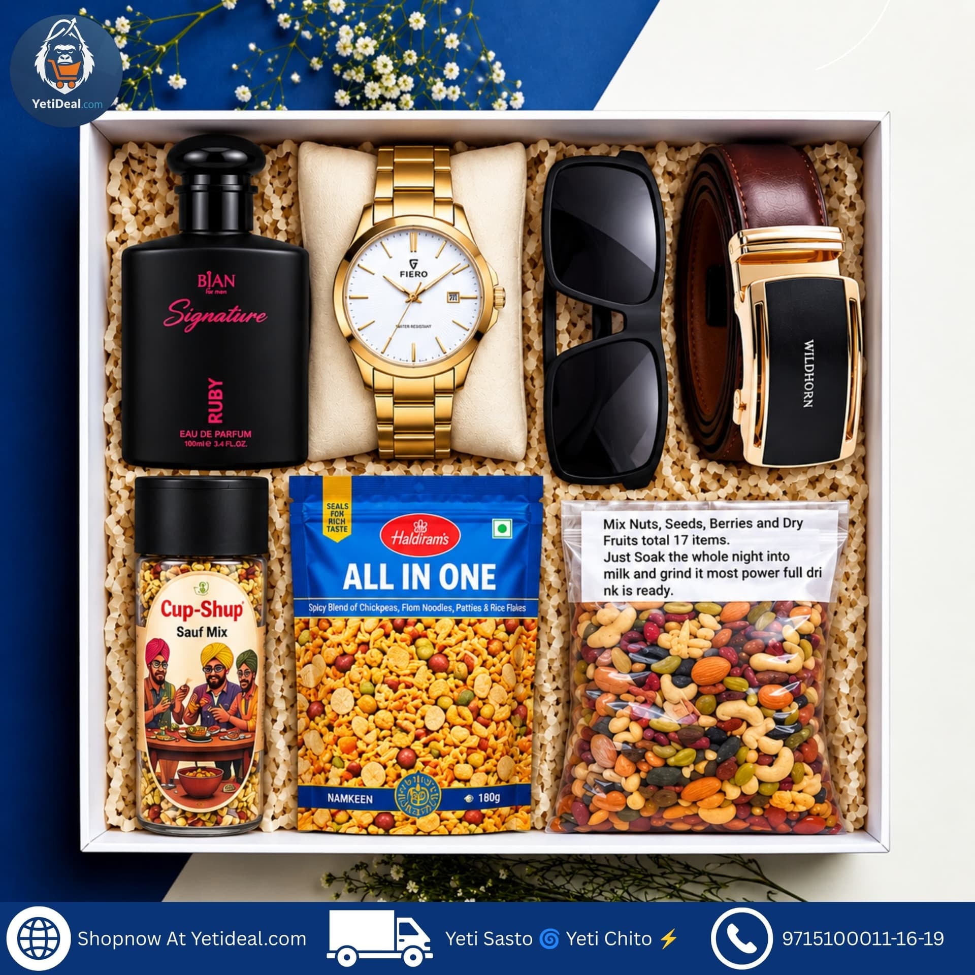 Father’s Day Combo Pack – Signature Perfume, Gupshup Mouth Freshener, WildHorn Belt, Haldiram’s Snacks, Fiero Watch & Dry Fruits