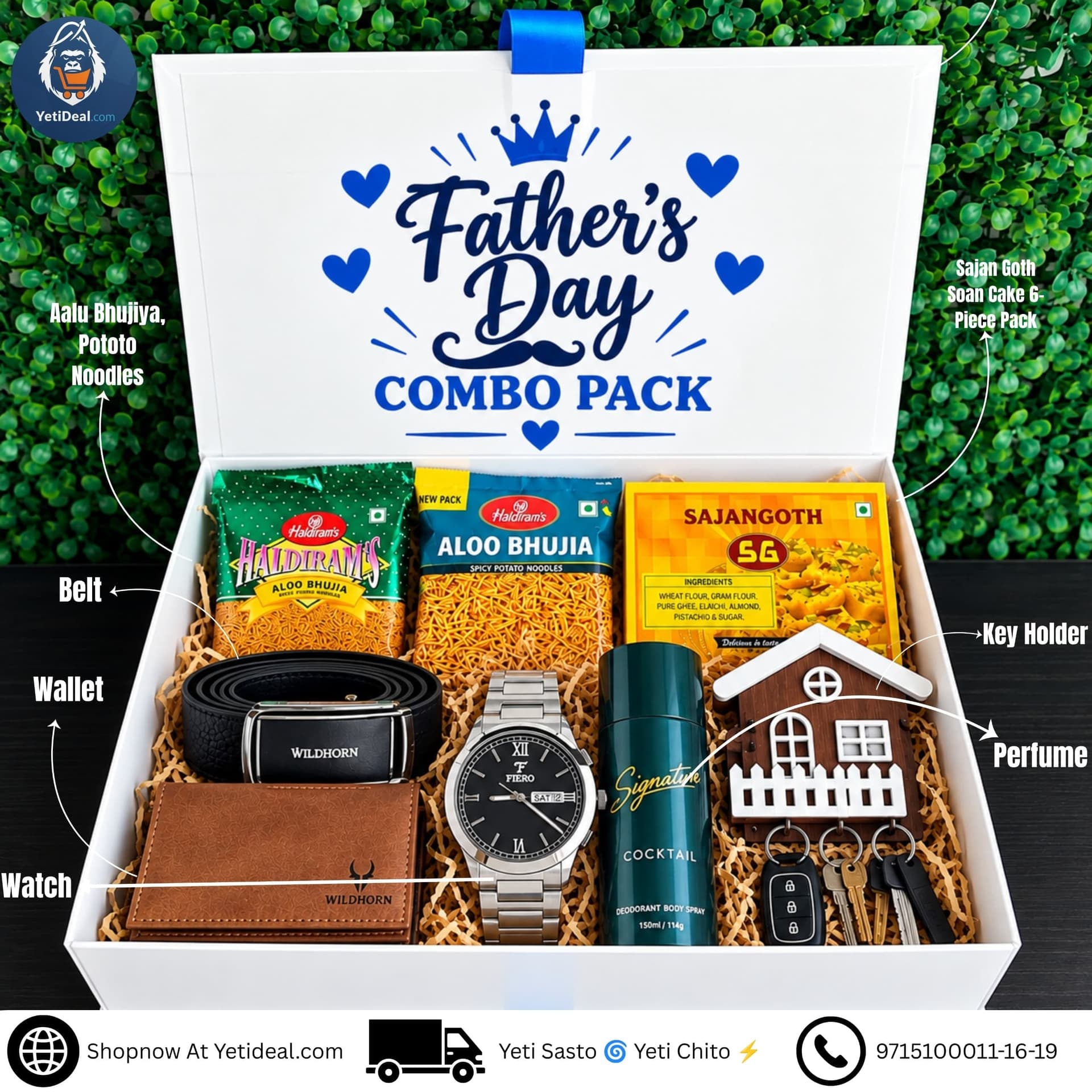 Father’s Day Combo Pack – Signature Perfume, Sajan Goth Sweets, WildHorn Belt, Purse, Haldiram’s Snacks, Fiero Watch & Key Holder